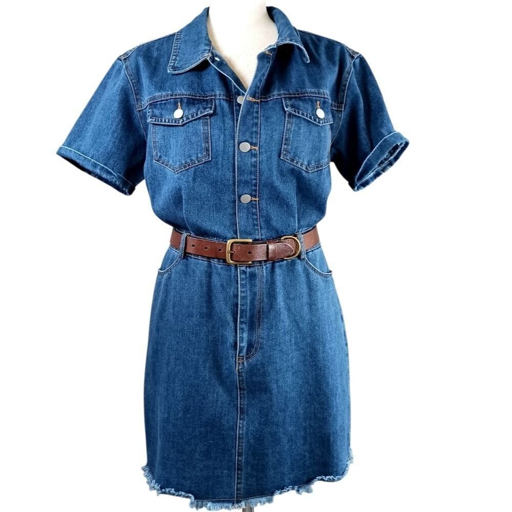 LE LIS Fitted Denim Utility Dress Casual Fray Hem Button Up Med Blue Wash Size L